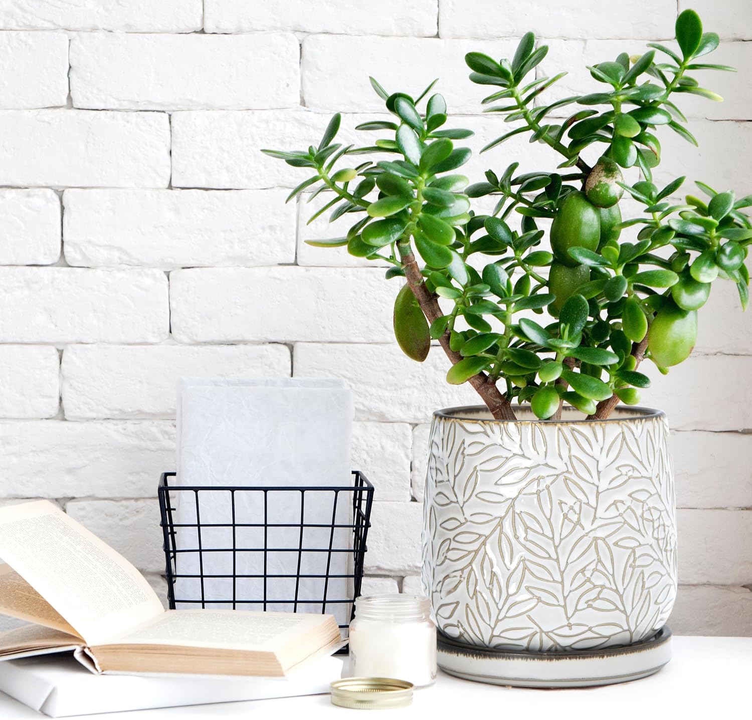 D'vine Dev 2-Pack Embossed Leaves Planter, 6 in, Smoked White, 27-F-X-1 | Nature-Inspired Leaf Pattern, Handcrafted