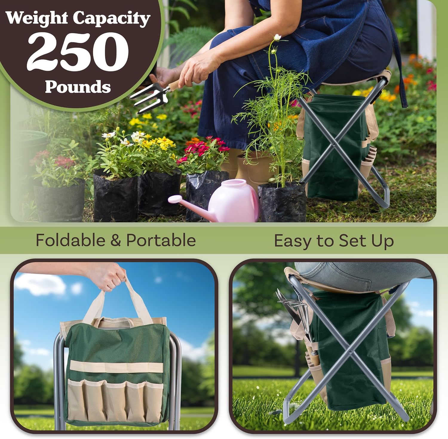 Pure Garden Folding Garden Stool with Tool Bag Plus 5 Garden Tools,Tan, Green and Silver
