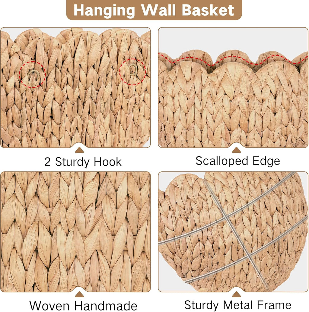 iEGrow Wicker Wall Basket, Scalloped Wall Basket Natural Water Hyacinth, Hanging Baskets for Organizing and Decor