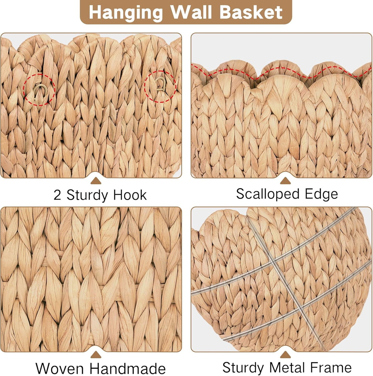 iEGrow Wicker Wall Basket, Scalloped Wall Basket Natural Water Hyacinth, Hanging Baskets for Organizing and Decor