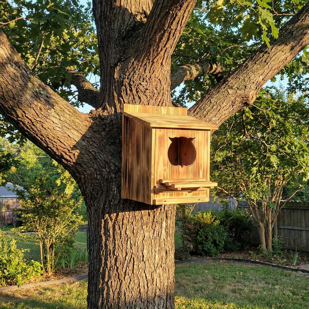 Owl Nesting Box for Outside 14.2×12×7.5 Inch Screech Owl House Bird House | Owl-Shaped Entrance, Wooden Bird Box, Easy