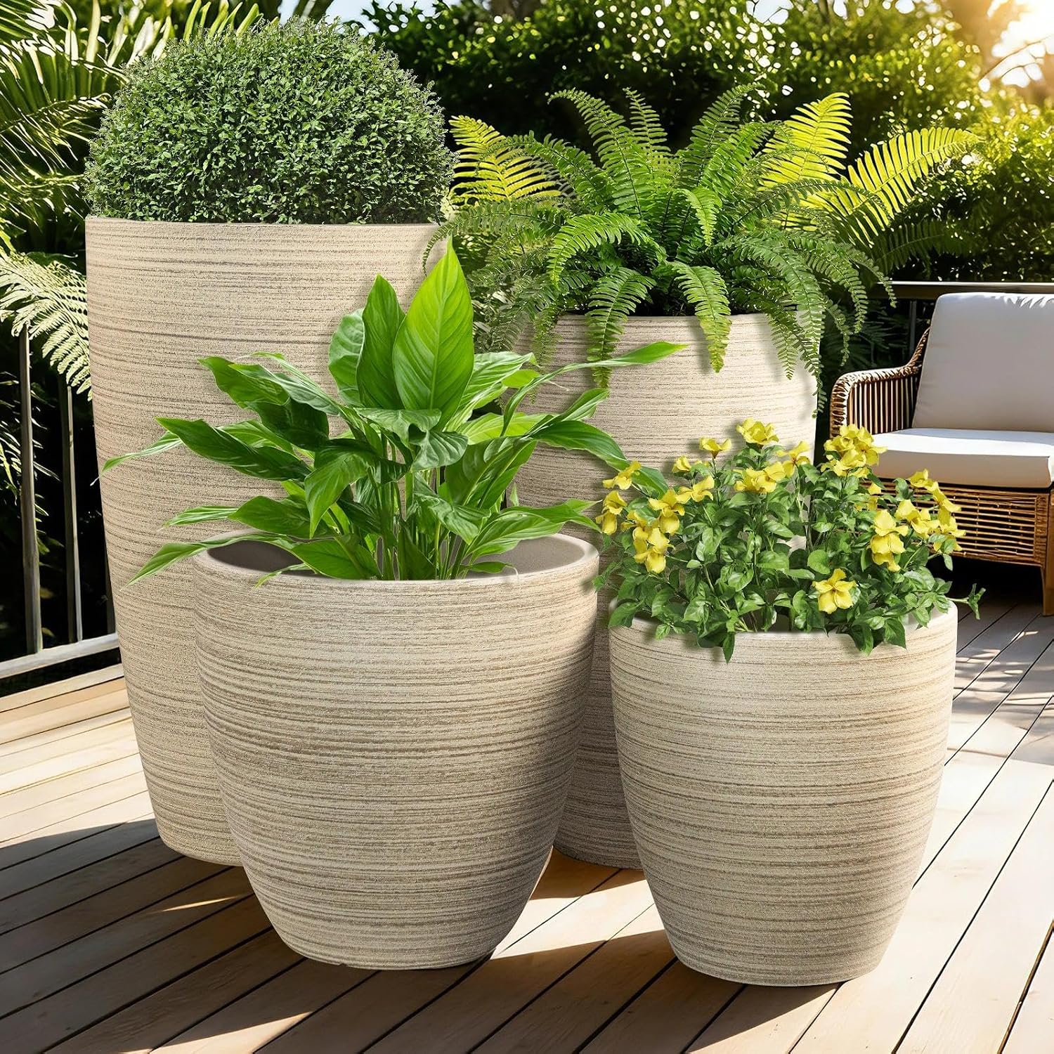 ZMTECH 4 Pack Plastic Planters 21/18/12/10in, Beige Faux Stone Finish Round Flower Pots with Drainage Holes & Saucers