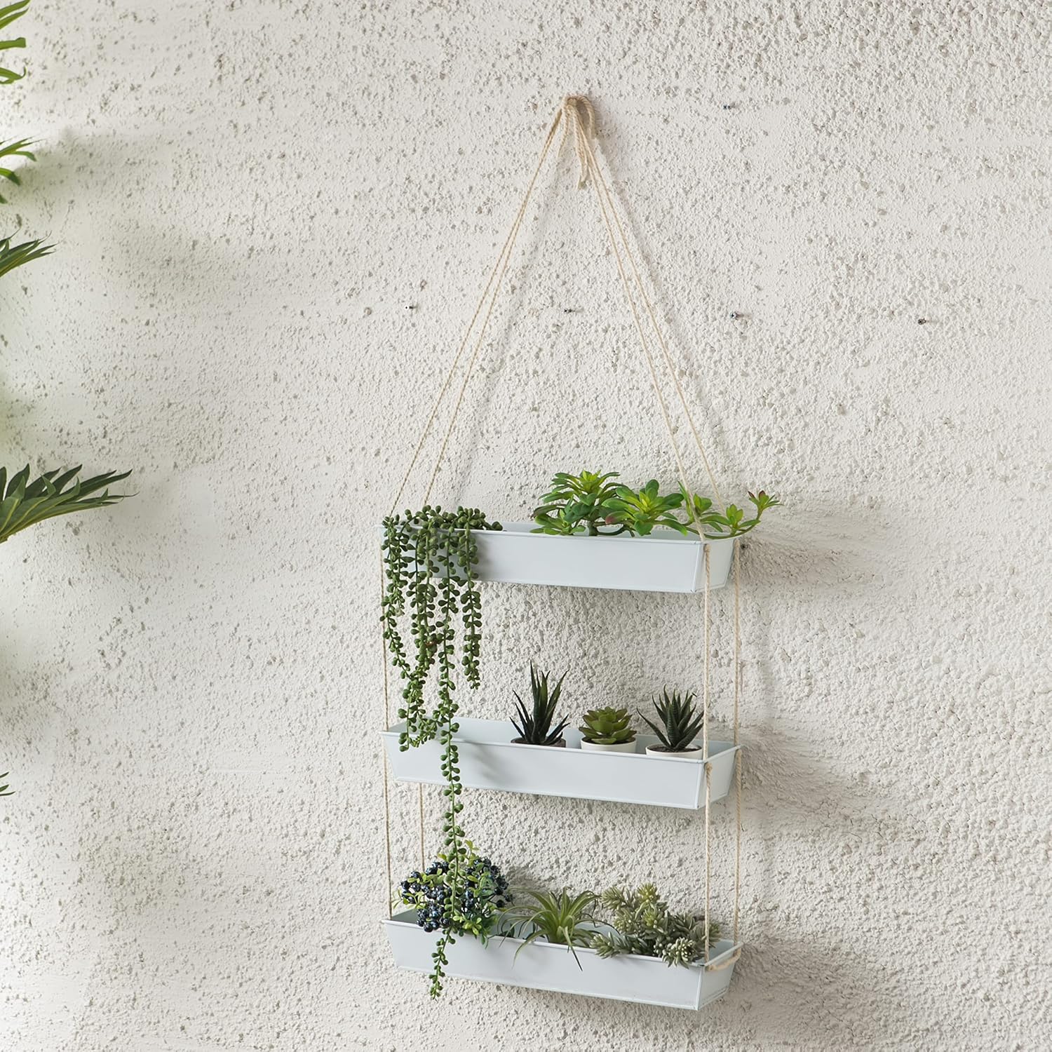 LaLaGreen Boho Wall Planter (16 in, 3 Tier) White Succulent Herb Garden | Modern nordic farmhouse decor, indoor hanging