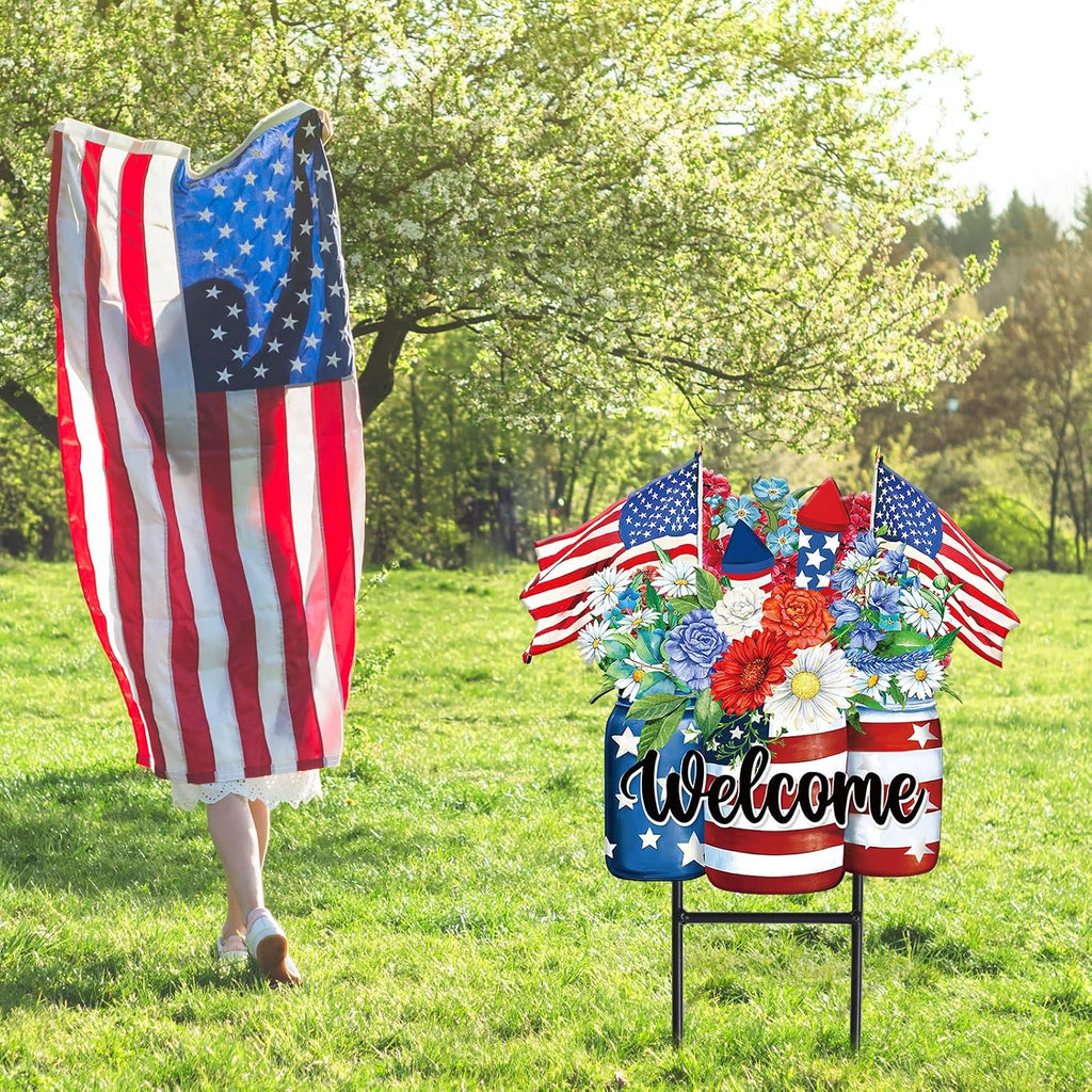 JarThenaAMCS Patriotic Flower Metal Garden Stakes 4th of July American Flag Floral Vase Decorative Lawn Sign Welcome