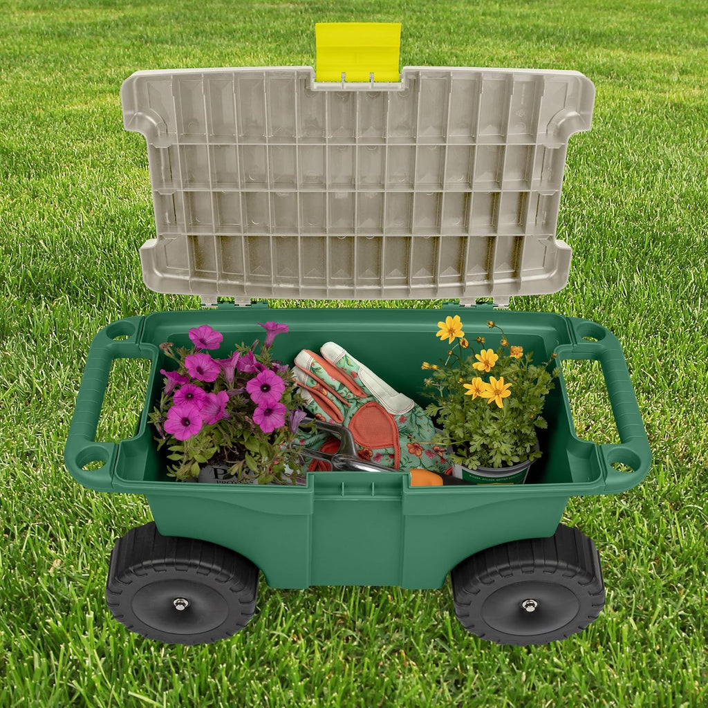 Rolling Garden Cart with Seat - Plastic Storage with Bench and Interior Tool Tray - Gardening Stool for Weeding and