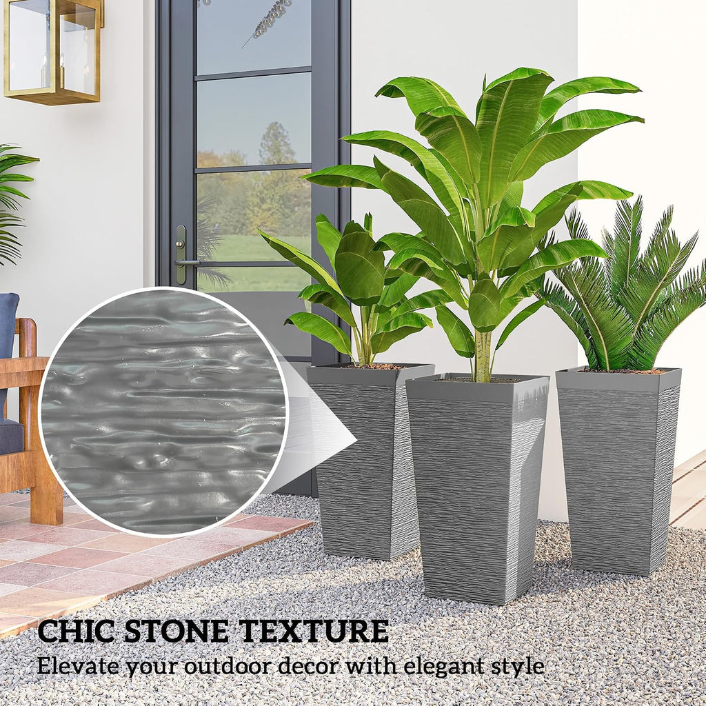 Outsunny 22.8 Inch Tall Planters for Outdoor Plants Set of 3, Gray | Wheels, Plastic Flower Pots, Stone Finish