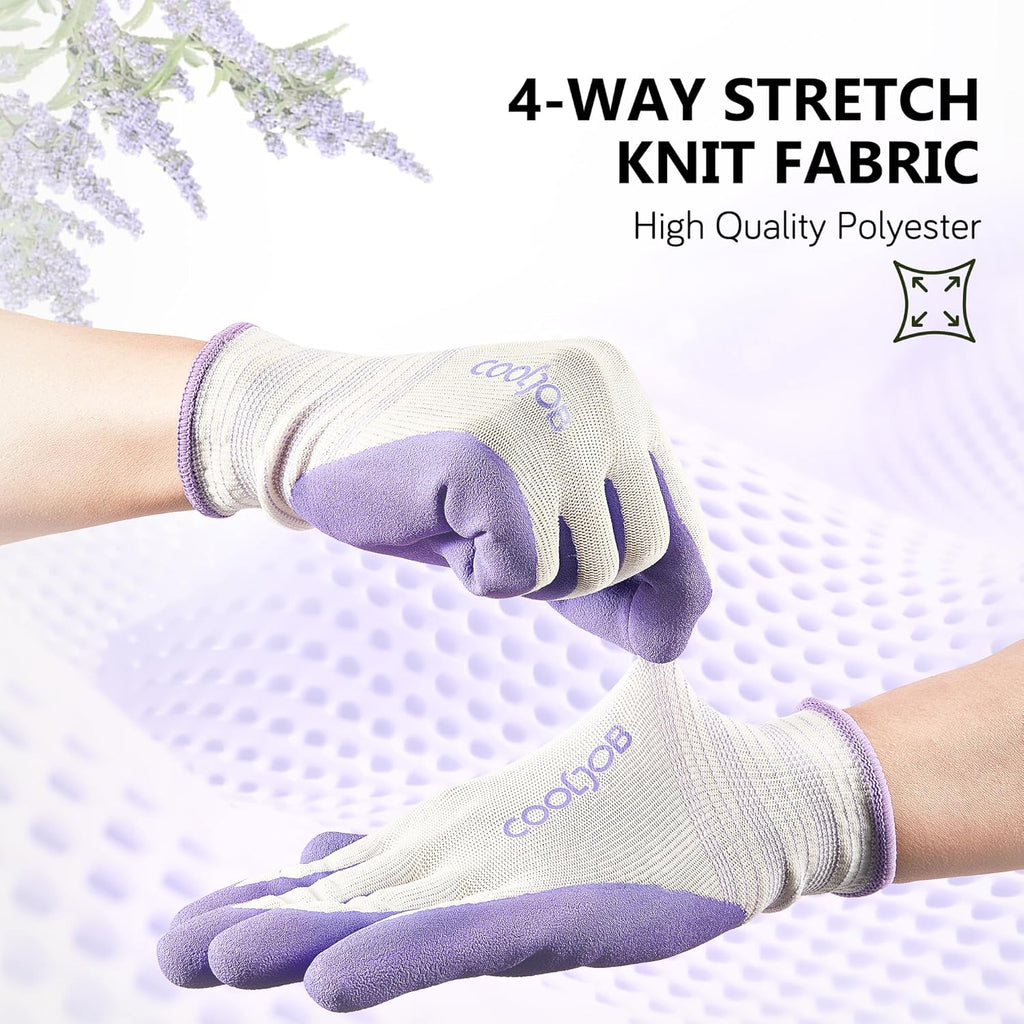 COOLJOB 10 Pairs Gardening Gloves for Women, Breathable Rubber Coated, M | Purple & Green, Textured Latex Palm