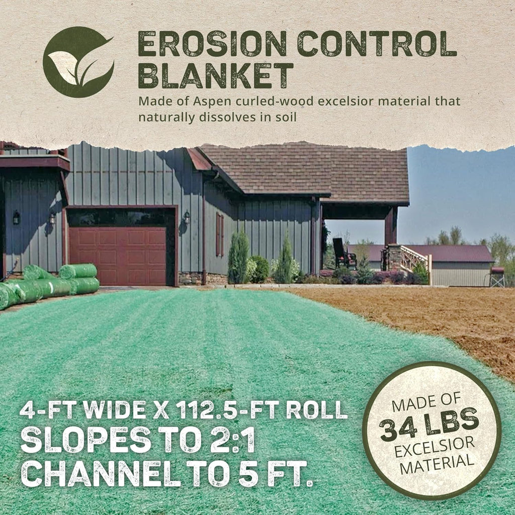 Dewitt Single Net Excelsior Soil Erosion Control Blanket Roll, 4 x 112.5 Feet, Green - Aspen Wood Fiber Mat with