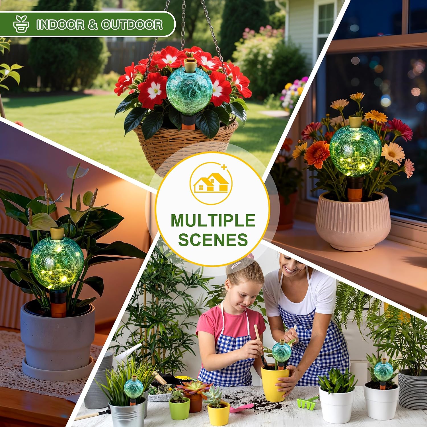 VOREEN Crackle Glass Plant Watering Globe with Terracotta Spike,Self-Watering Irrigation for Potted Plants, with Solar