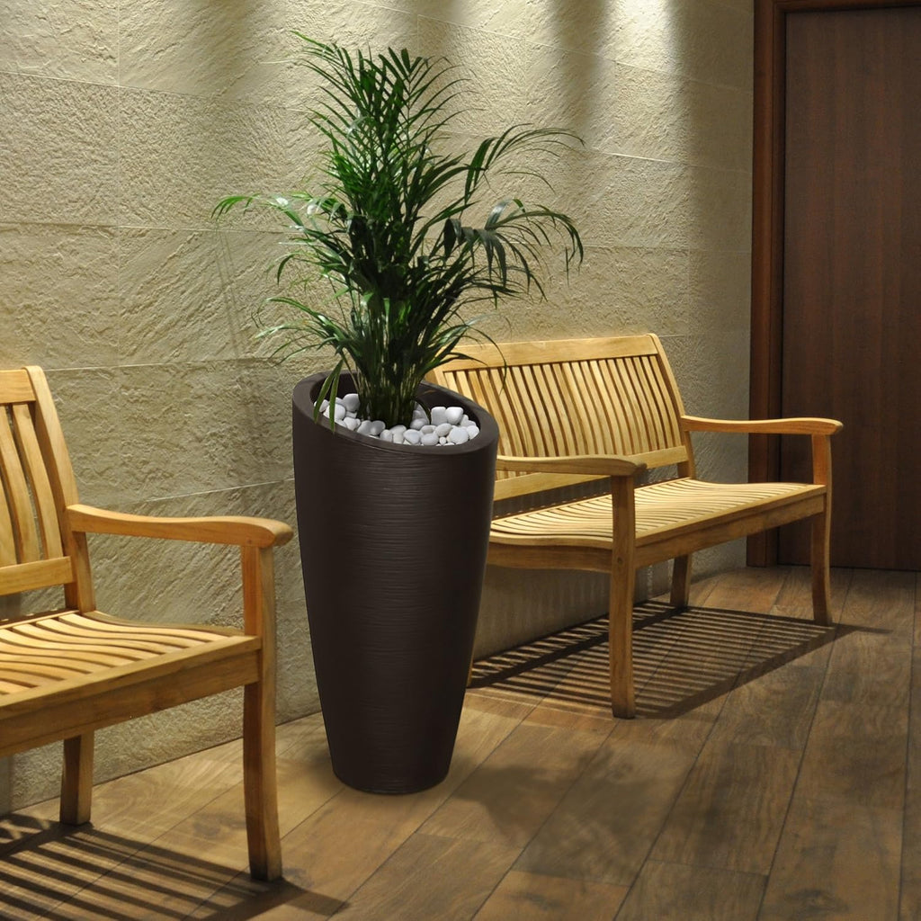 Mayne Modesto 32in Tall Round Modern Planter, Espresso | All season, Indoor/Outdoor, Double-wall design, Fade