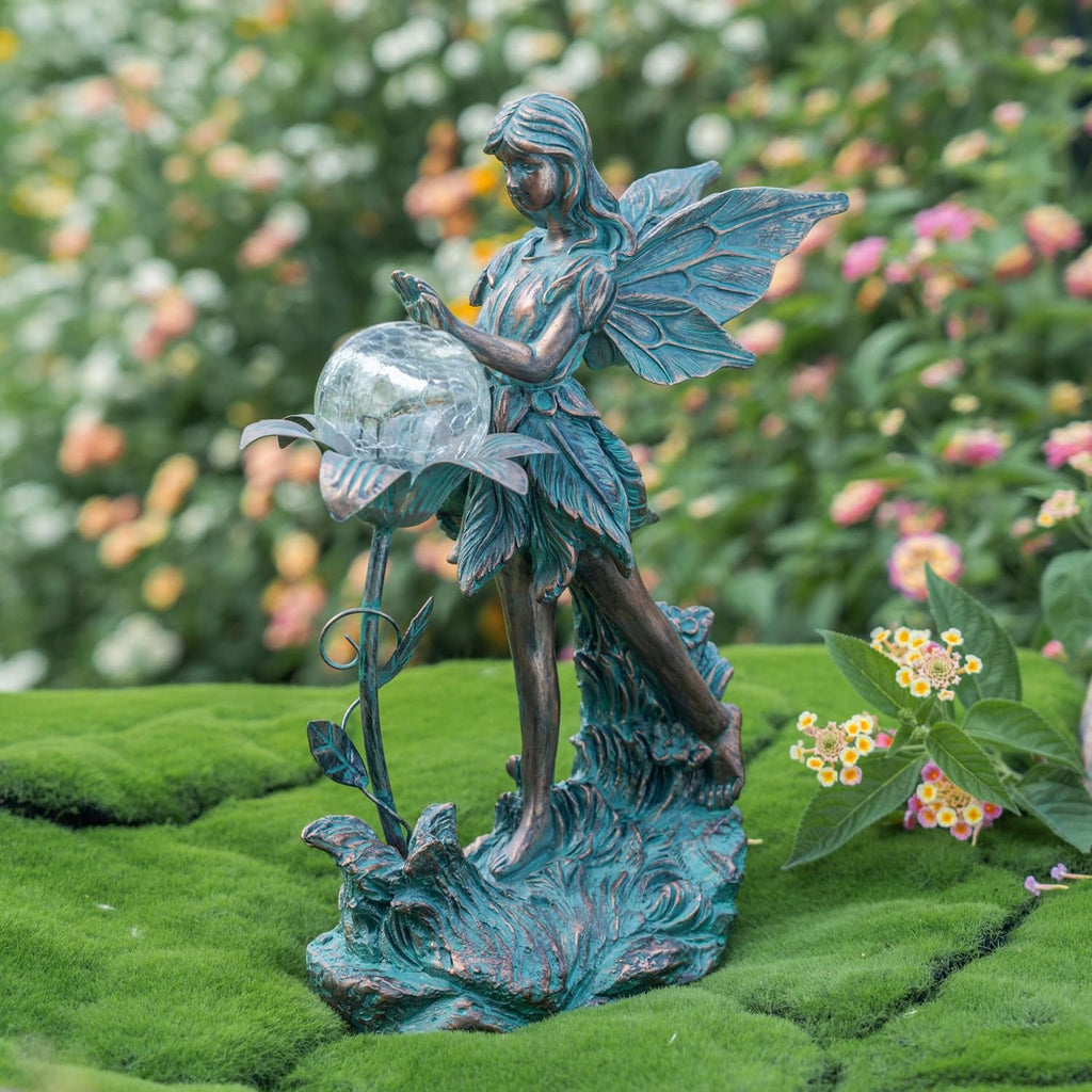 TERESA'S COLLECTIONS Garden Fairy Large Bronze Garden Sculptures & Statues Resin with Solar Outdoor Light, Valentines