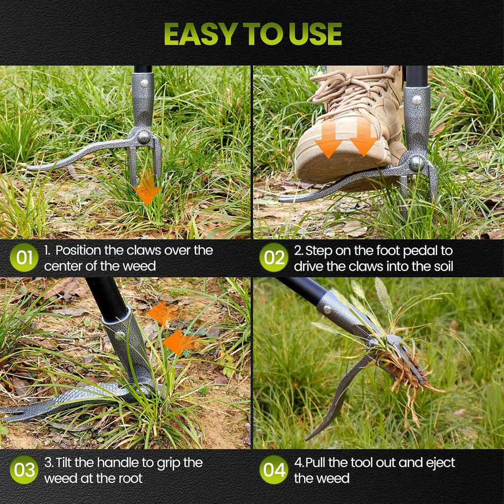 Weed Puller, Stand Up Weed Puller Tool with Steel Long Handle, 4 Claw Steel Head Weeder Tool, Handle Weeder Tool