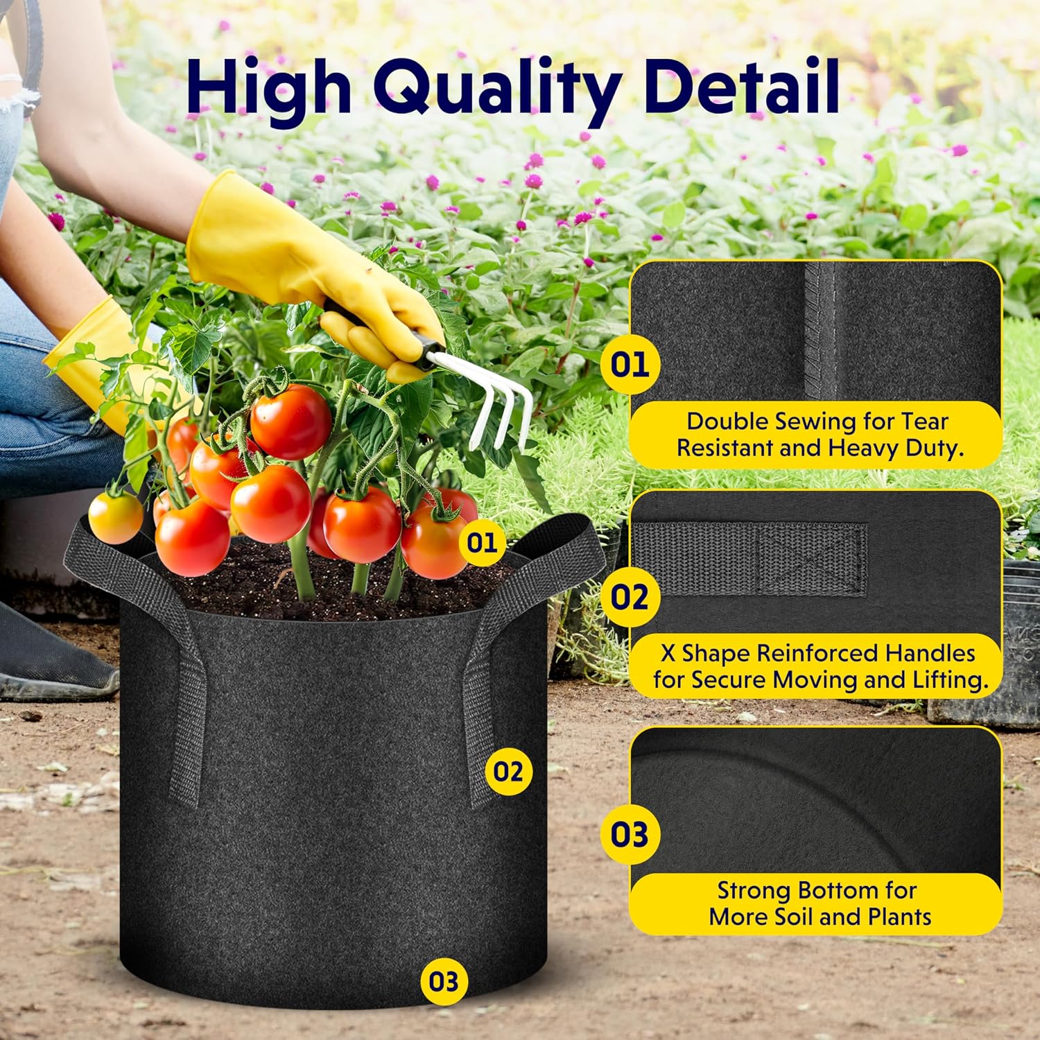 iPower 5 Pack 10 Gallon Grow Bags, Garden Planting Nonwoven Fabric Pots with Reinforced Handle, Heavy Duty and Aeration