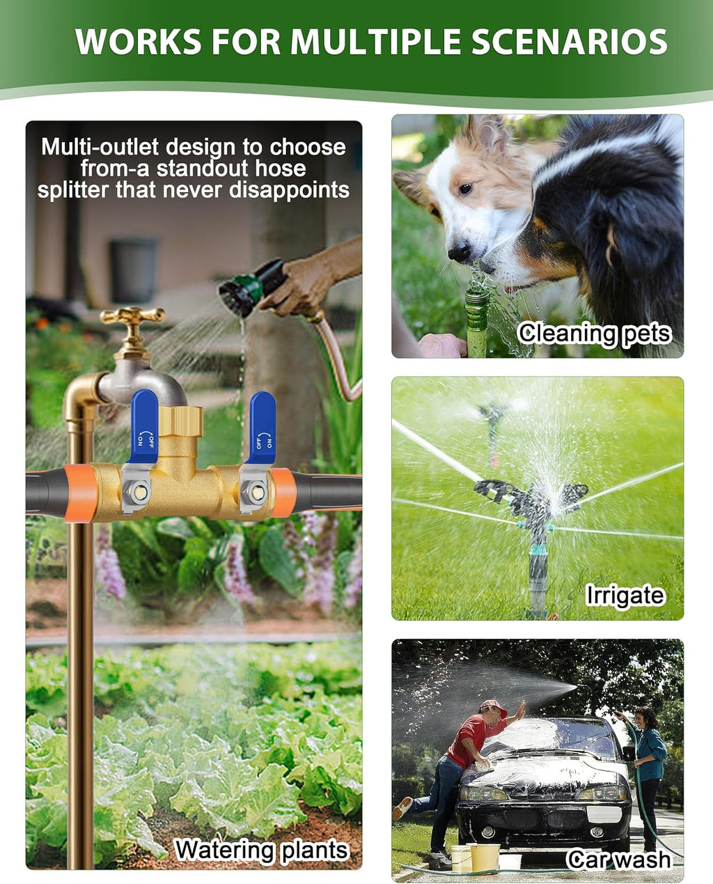 Hose Splitter 2 Way, Heavy Duty Brass Garden Hose Splitter | 0.59" Full Flow Ball Valve Outlet, Shut-Off Valve, 3/4"