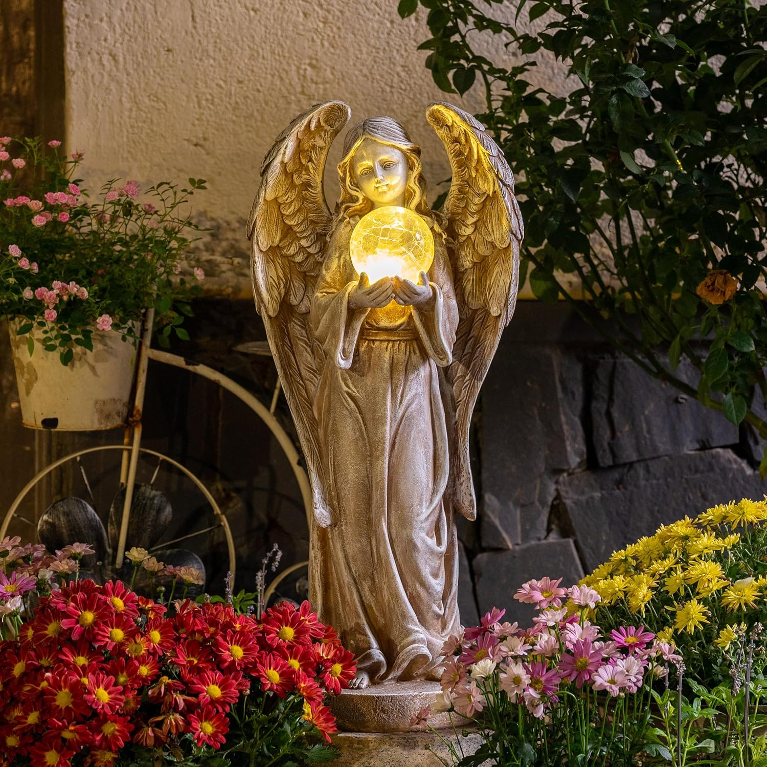 TERESA'S COLLECTIONS Large Angel Garden Statues with Solar Outdoor Light for Outdoor Decor, Fairy Figurine Resin with