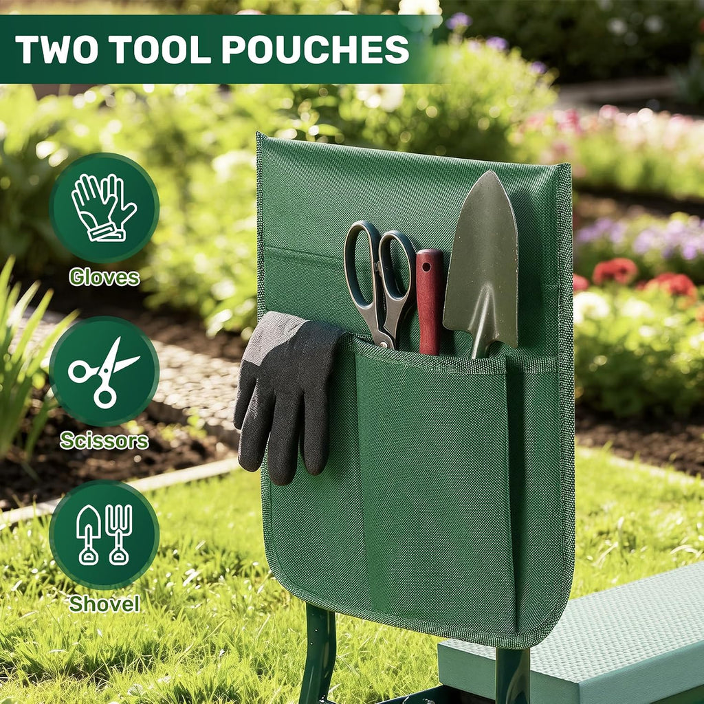 Garden Kneeler and Seat with 2 Tool Pouches for Gardening Work | 350lbs Max Load Alloy Steel Frame, 10.23in Wide EVA