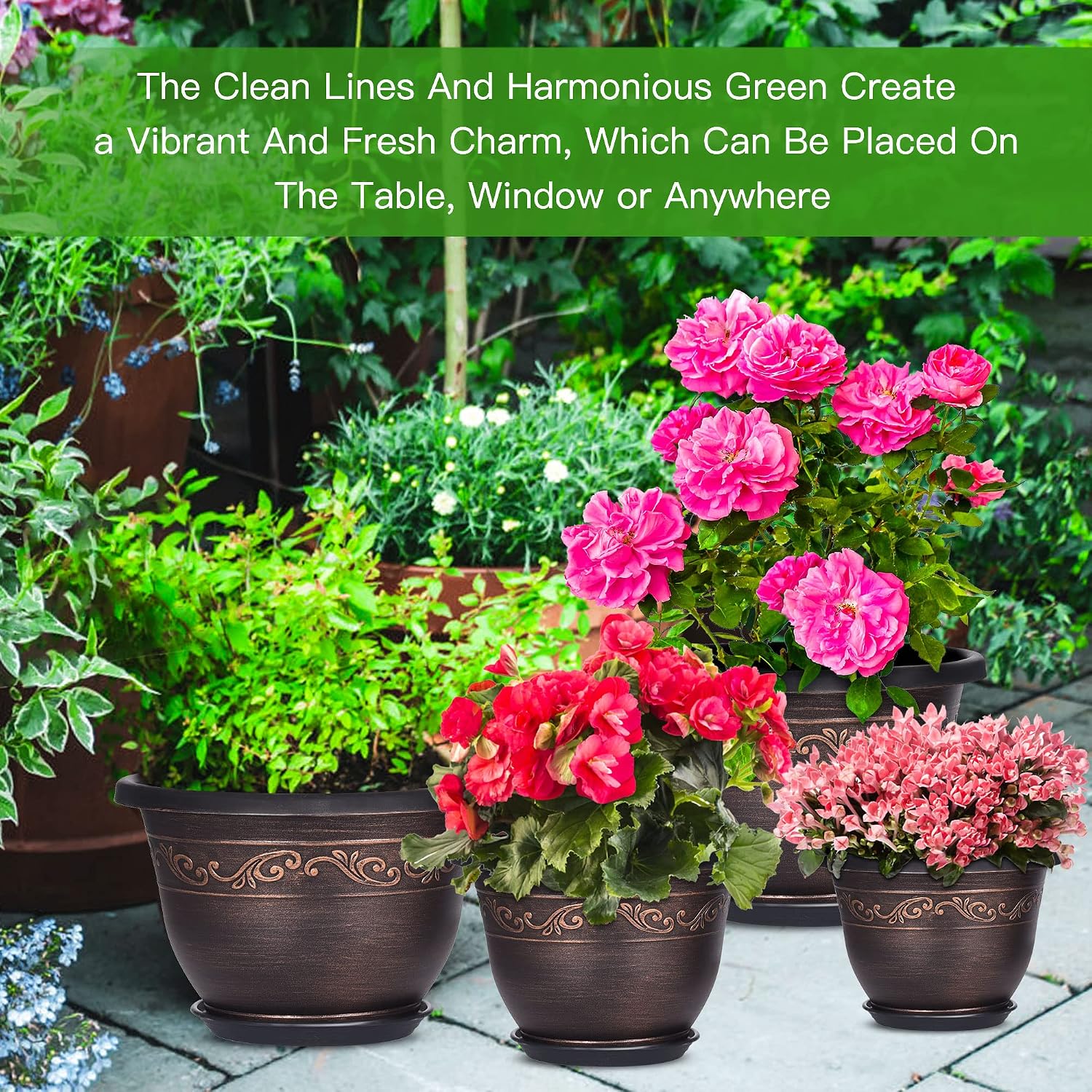 Plastic-Plant-Flower-Planters-8 Inch With Drainage Hole & Saucer, 6 Packs Lightweight Small Resin Flower Pot Indoor
