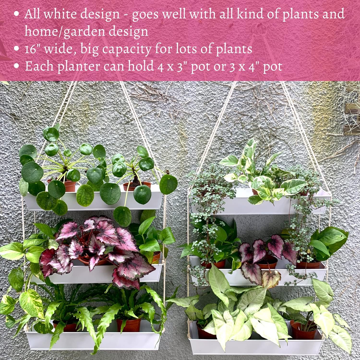 LaLaGreen Boho Wall Planter (16 in, 3 Tier) White Succulent Herb Garden | Modern nordic farmhouse decor, indoor hanging