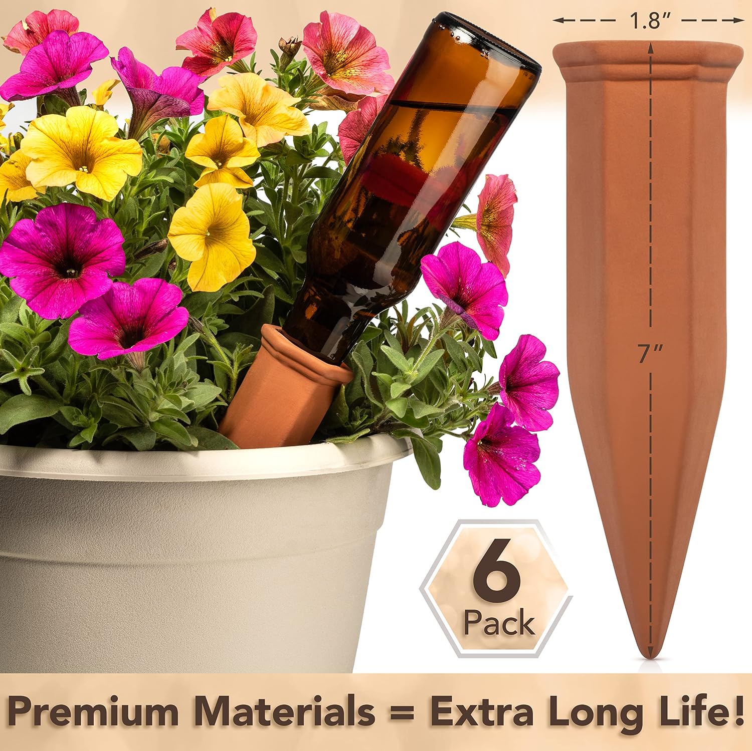 6 Pack Terracotta Watering Spikes for Indoor and Outdoor Plants - Simple and Easy Setup - Keep Plants Happy and Watered