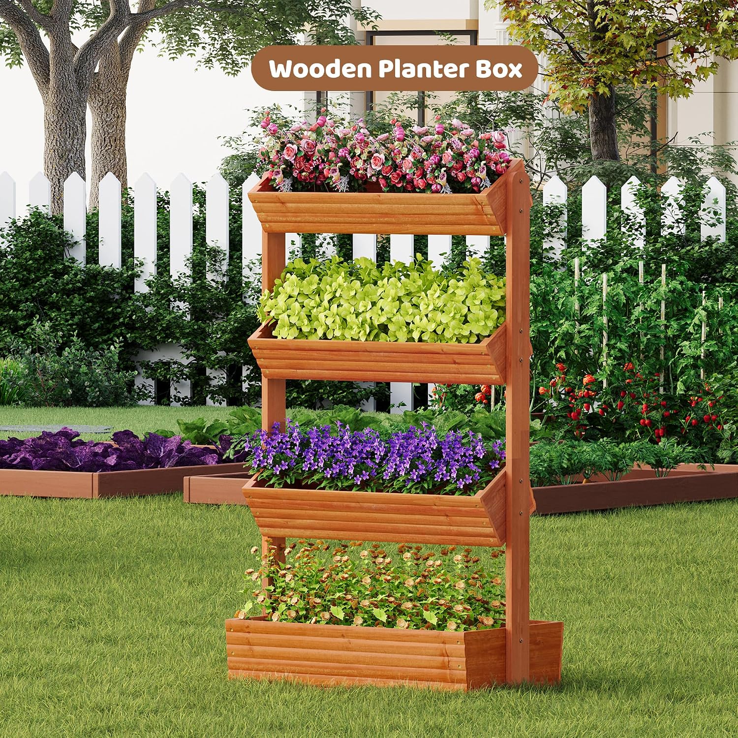 Wooden Raised Garden Bed Vertical Planter Box, Freestanding Plant Stand for Indoor Outdoor Plants, Herbs, Flowers