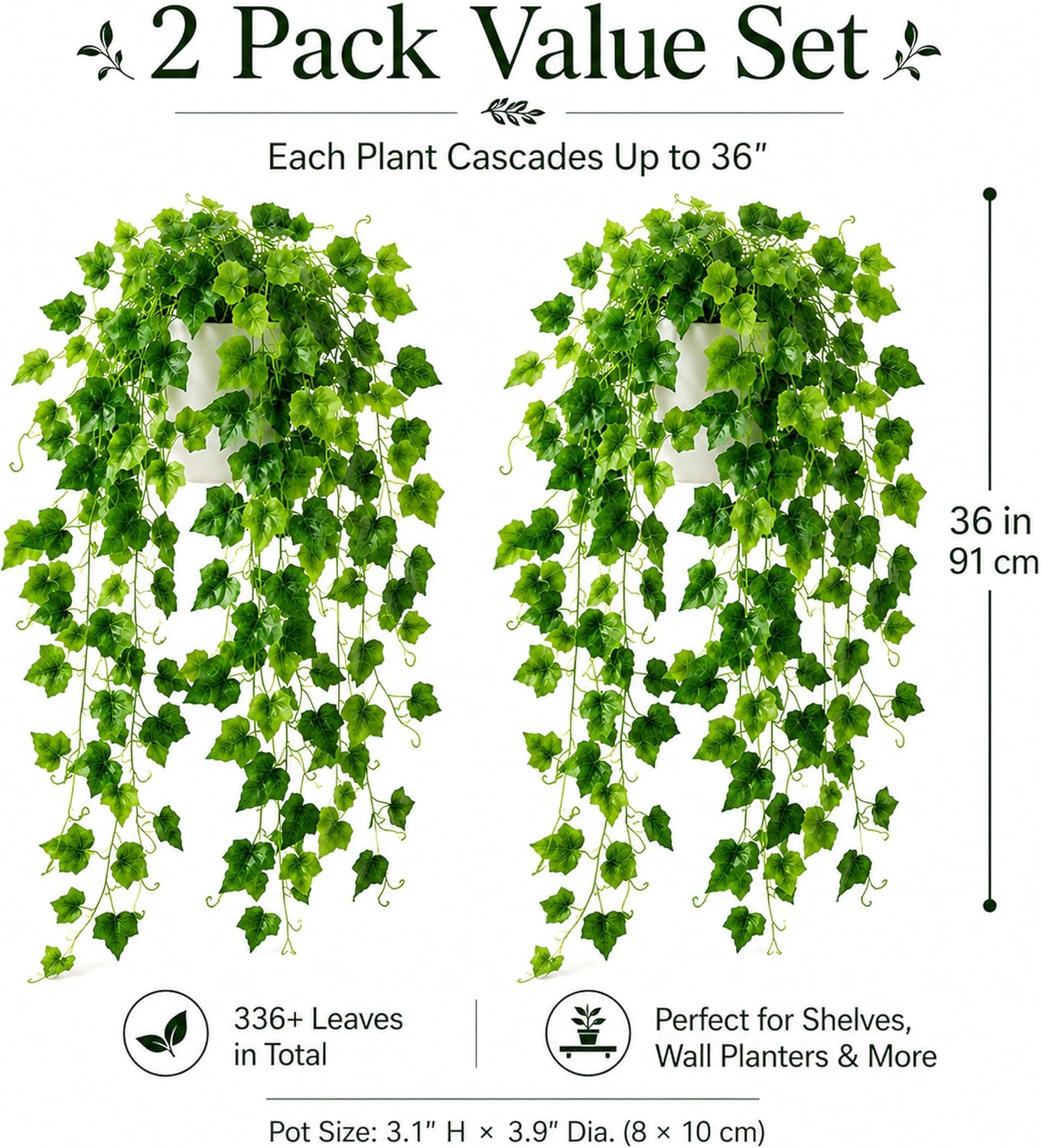 WHANLEY 36" Fake Pothos Hanging Plants in White Pots, 2 Pack Artificial Hanging Plants with 168 Leaves Each &