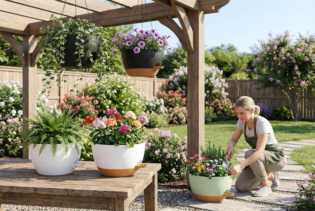 Hanging Planters, 3-Pack 10 Inch Self-Watering Pots with Drainage Holes and Chains, Matte Plastic Planters for
