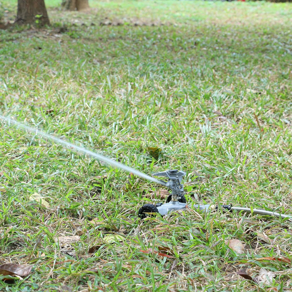 STYDDI Metal Pulsating Sprinkler on in-Series Metal Wheeled Base, Adjustable Circular Water Sprinkler for Medium to