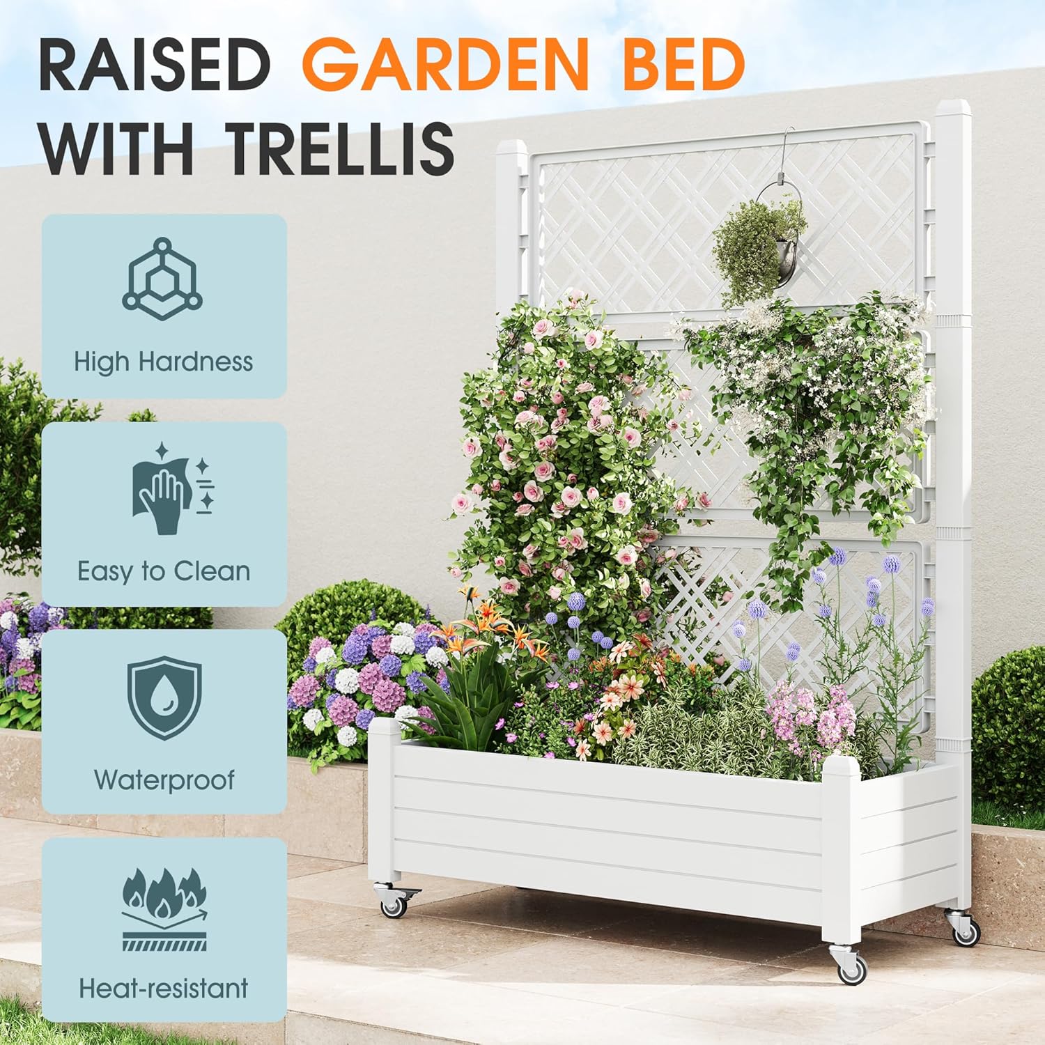 Elevated Raised Garden Bed with Trellis&Wheels,Ashen-61.2" h | Planter Box with Trellis Outdoor, Raised Planter with