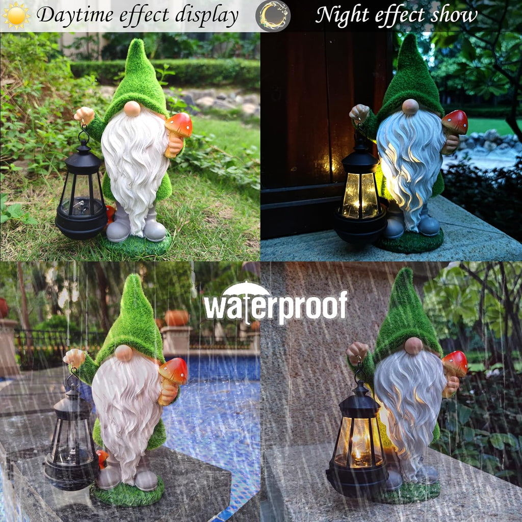 Solar Gnomes Garden Statues,Resin Gnome Figurine Holding Mushroom and Solar Lights Lantern,Outdoor Yard Art Decorations