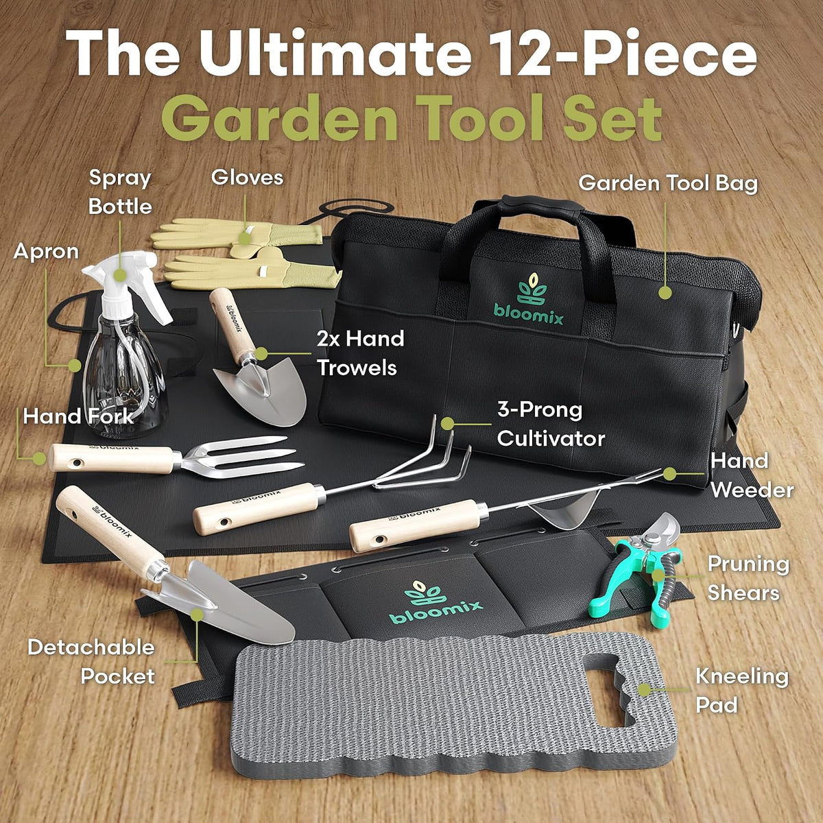 Bloomix 12Pcs Gardening Tools Set - Heavy Duty Garden Tools Set with Tool Bag, Kneeling Pad, Apron & More Garden