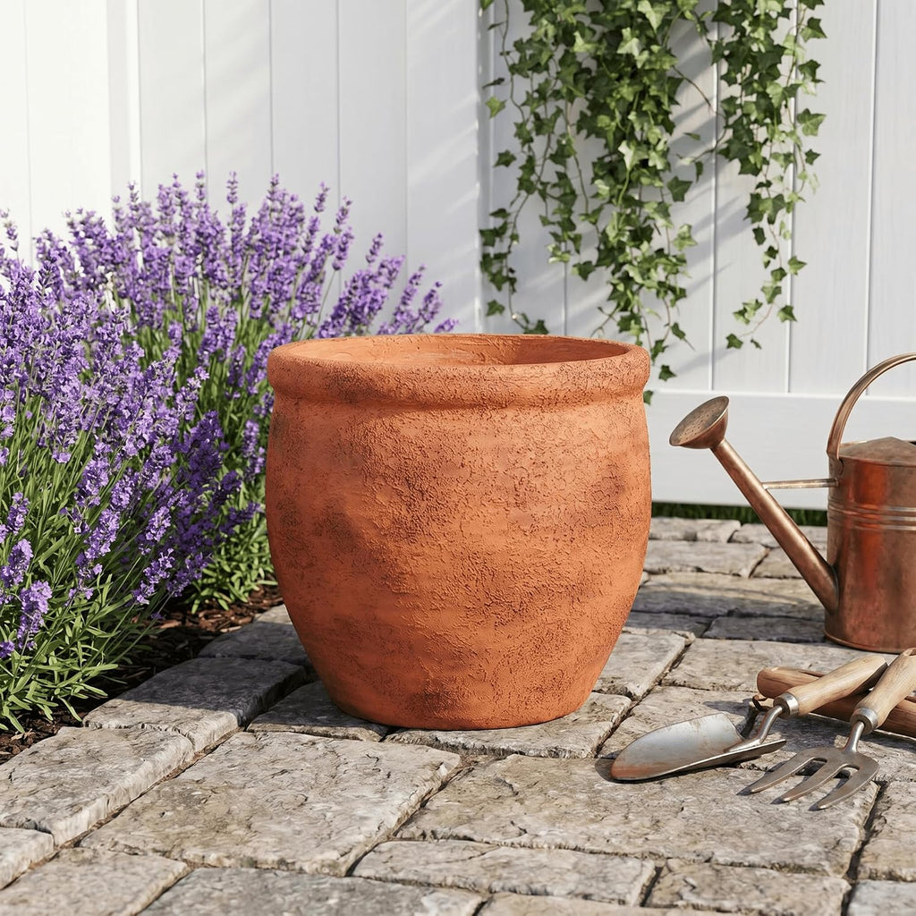 12" Dia Fiberstone Planter – Distressed Terracotta Flower Pot with Textured Matte Finish & Drainage Hole, Rustic Indoor