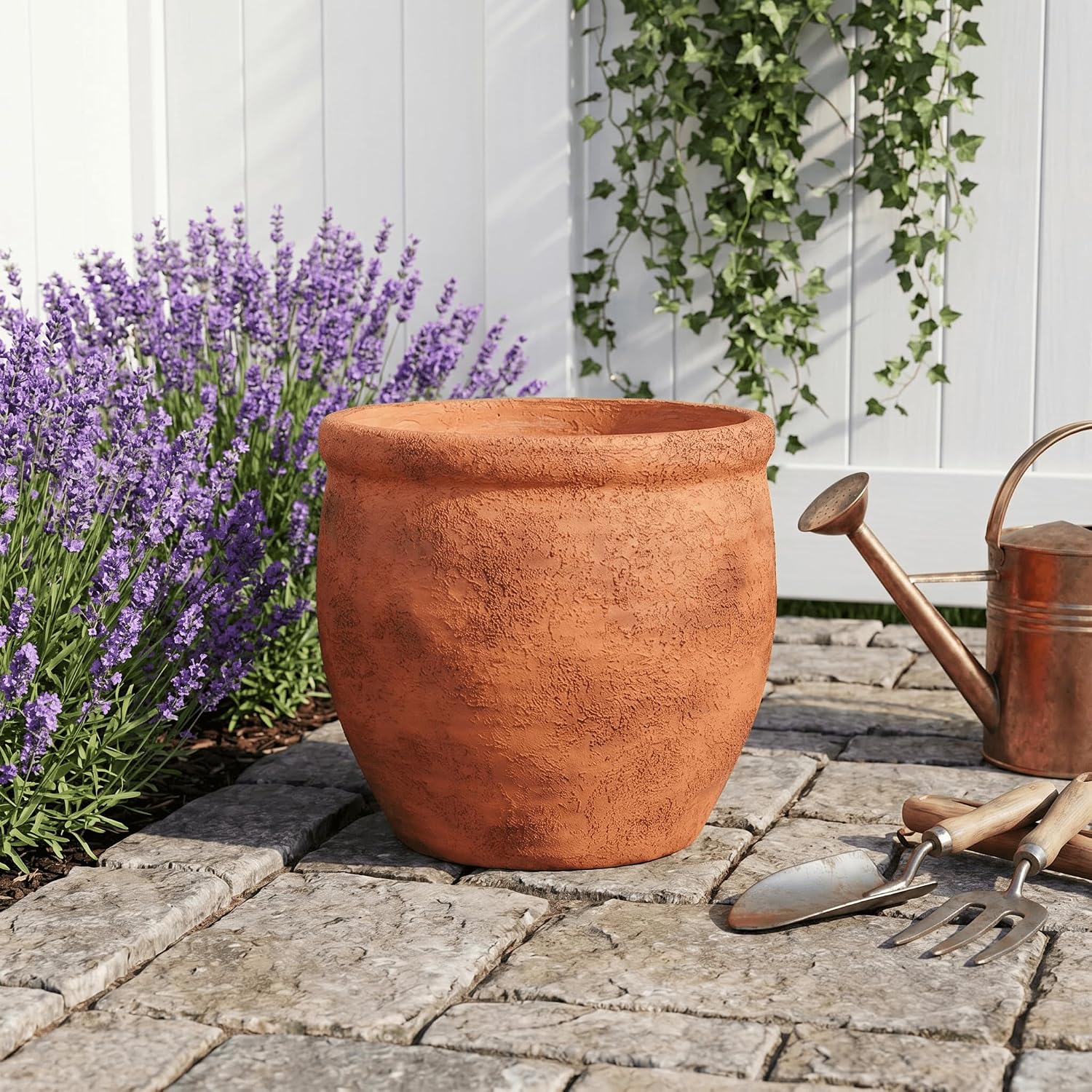 12" Dia Fiberstone Planter – Distressed Terracotta Flower Pot with Textured Matte Finish & Drainage Hole, Rustic Indoor