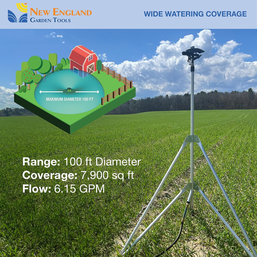 Heavy Duty Tripod Sprinkler 300003, Long Range Sprinkler with 100 FT Reach, 6 Feet Adjustable Tripod Height, 360° Range