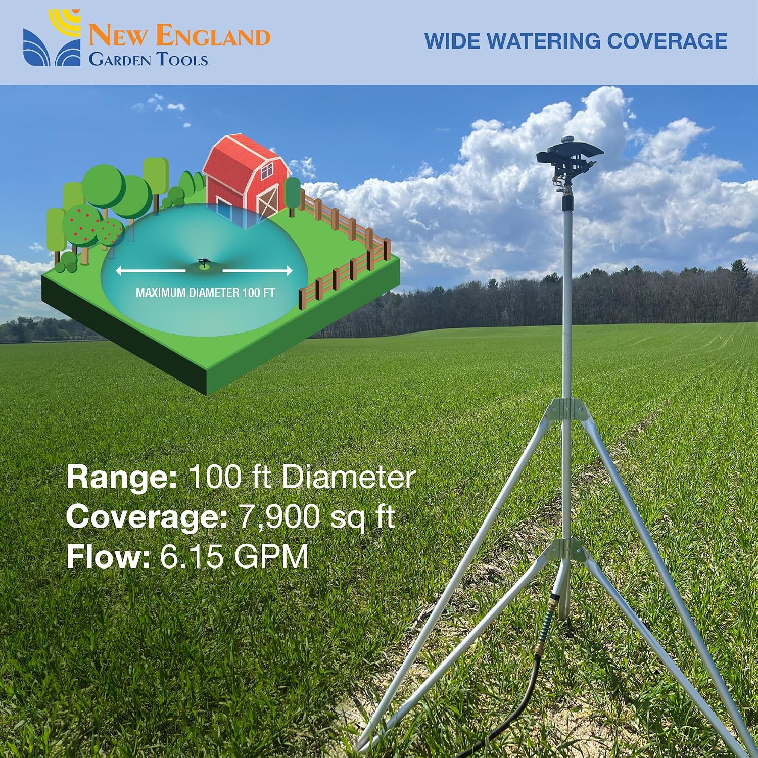Heavy Duty Tripod Sprinkler 300003, Long Range Sprinkler with 100 FT Reach, 6 Feet Adjustable Tripod Height, 360° Range