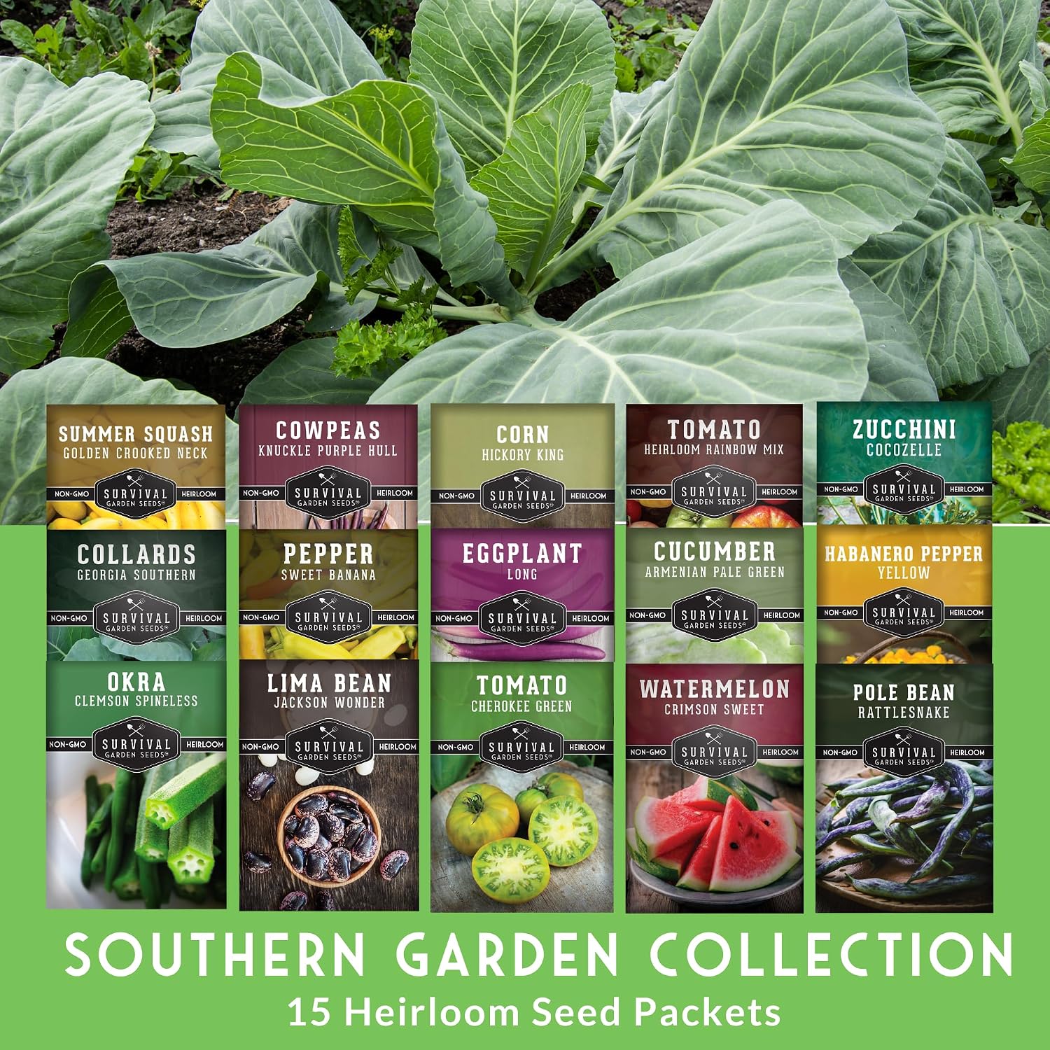 Southern Vegetable Seeds Collection for Planting | 15 Heirloom Heat-Loving Varieties, Okra, Collard Greens, Purple Hull