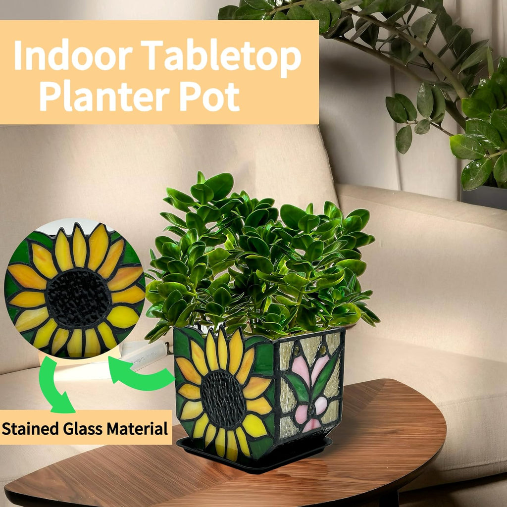 Stained Glass Sunflower Garden Planters,Indoor Plant Pots with Drainage,Unique Plant Pots for Dried Flowers,Sunflower
