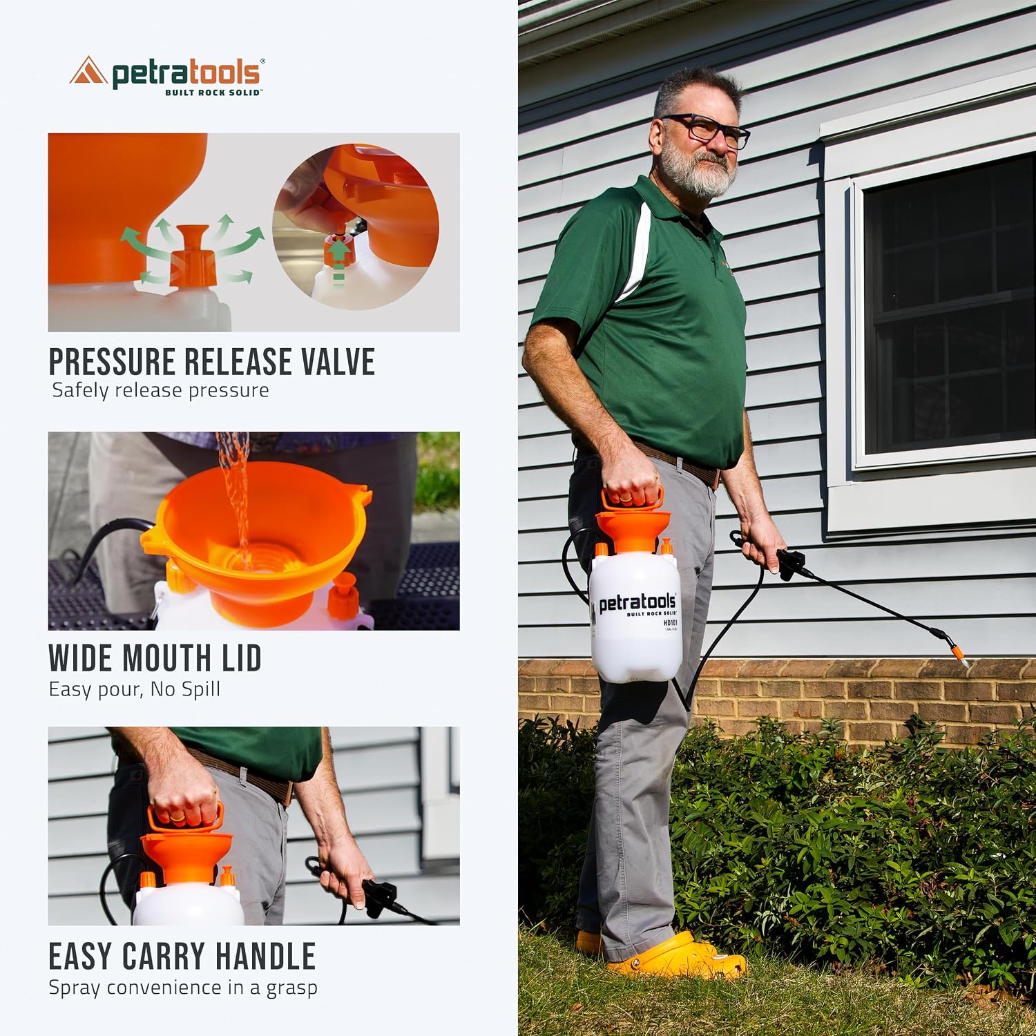 PetraTools HD101 Pro Kit - Pump Sprayer 1 Gallon, 52-in Hose & 5 Nozzles | 1 Gal Weed Sprayer w/ Easy Carry Handle &
