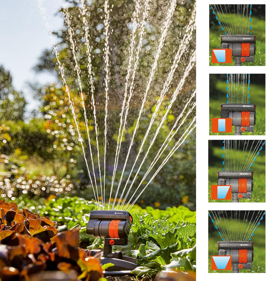 GARDENA 20575 | Up to 2300 sq ft - ZoomMaxx Adjustable Oscillating Sprinkler on Metal Step Spike for Watering Large