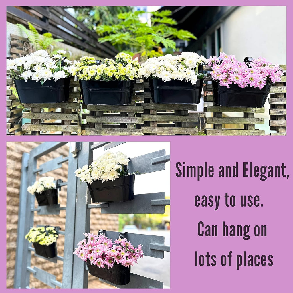 LaLaGreen Outdoor Rail Planter (11.8 Inch, 6 Pack) Black Metal Iron Hanging Flower Pots Deck Railings Fence Buckets