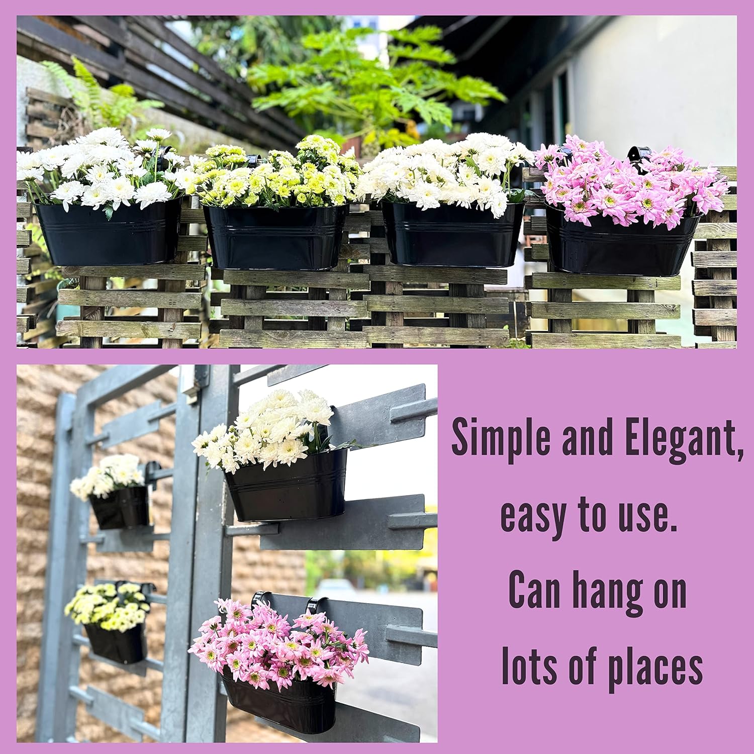 LaLaGreen Rail Planter Outdoor Plants(11.8 Inch, 10 Pack) Black Metal Iron Hanging Flower Pots Deck Railings Fence