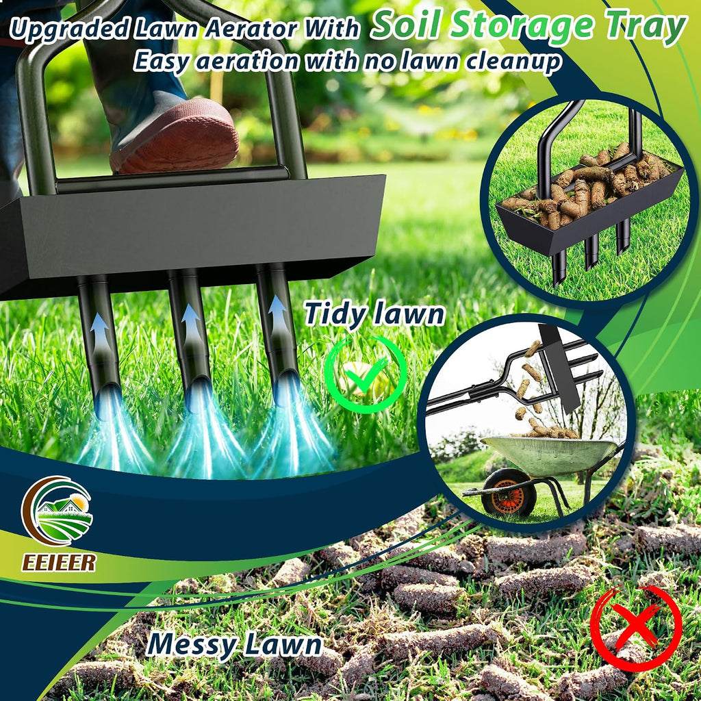EEIEER Manual Lawn Aerator Tool with Soil Storage Basket - 2025 Upgraded Aerator Lawn Tool, 3 Tines Yard Aerators with