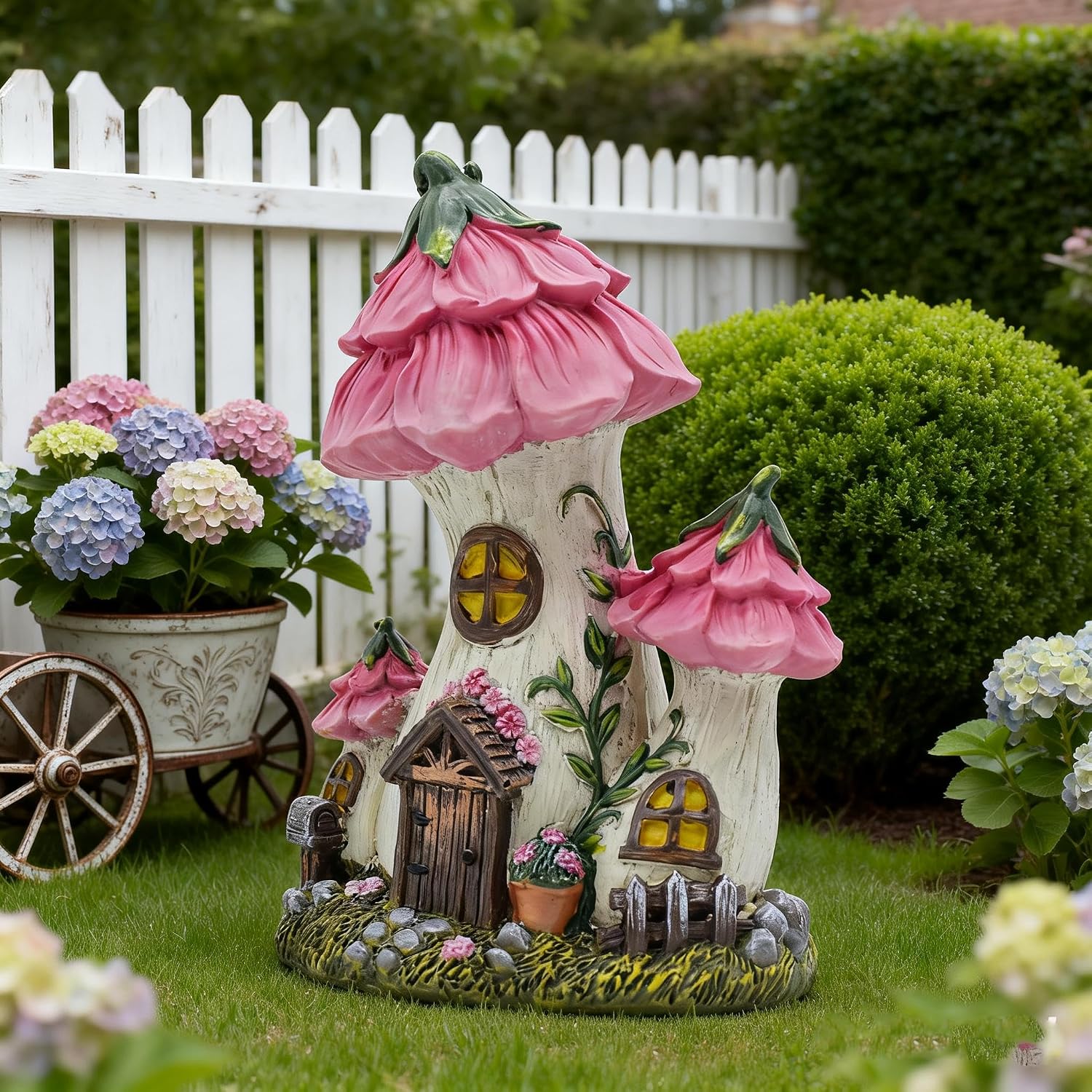 Pink Mushroom House Fairy Garden Statue,7.7 Inches | Resin Whimsical Figurine for Patio, Lawn, Yard, Outdoor & Indoor