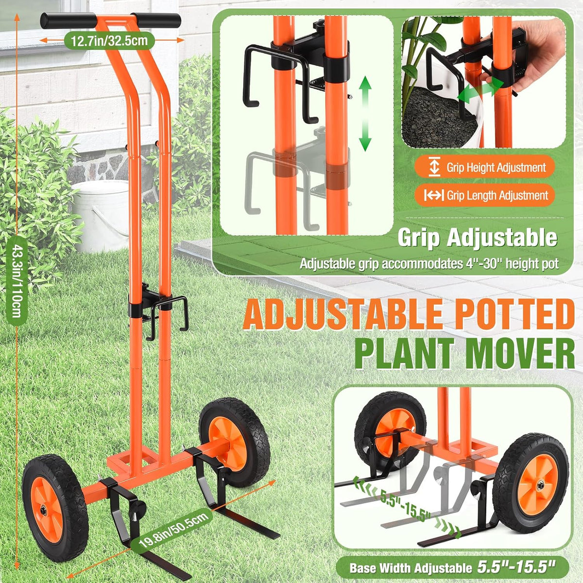 Plant Caddy with Wheels, Heavy Duty Plant Mover Cart with Adjustable Grabbing Arm and Strap, 175 LBS T-Handle Plant