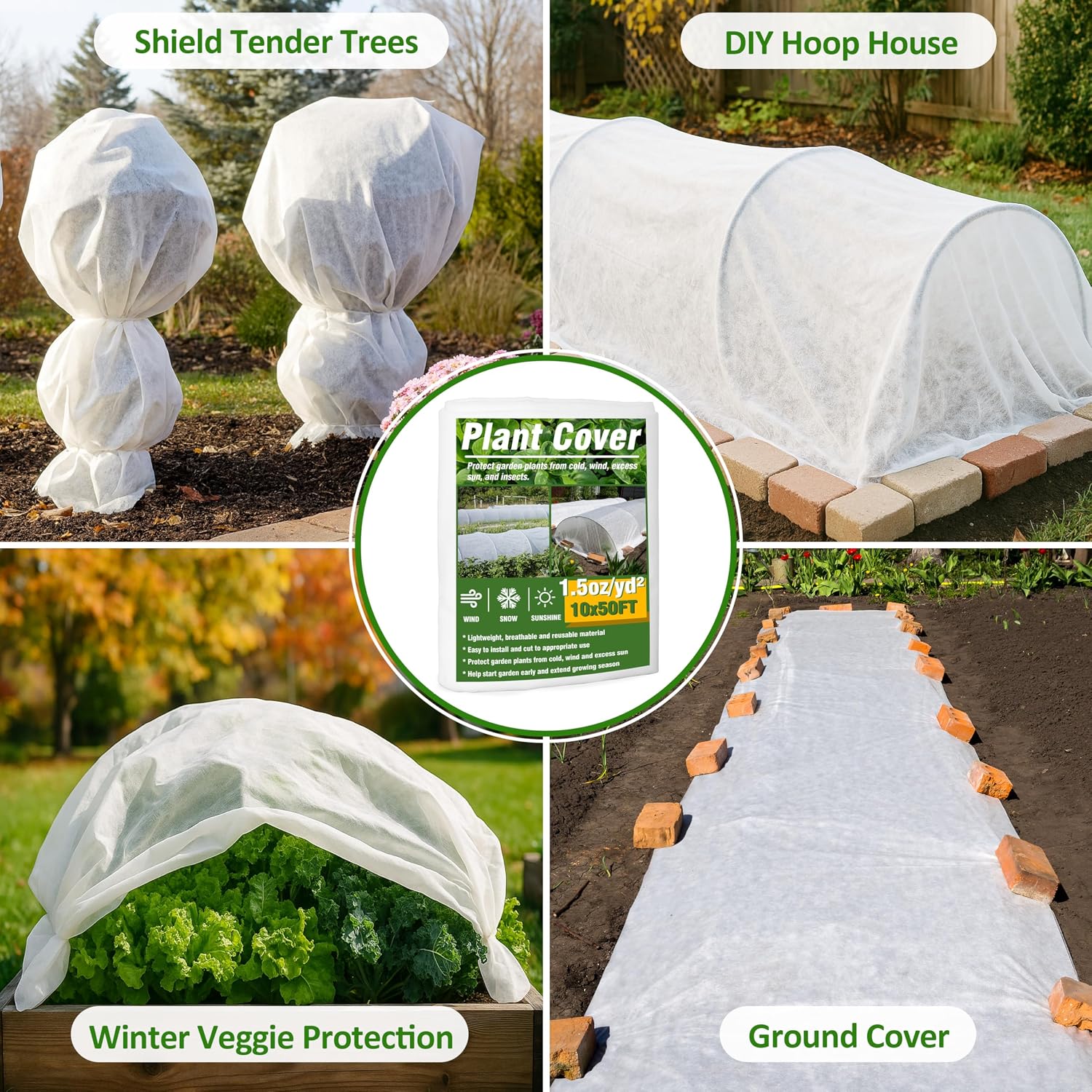 Gardzen 1.5 oz Plant Covers Freeze Protection, Reusable 10ft x 50ft Floating Row Covers, Thicker Frost Blankets for