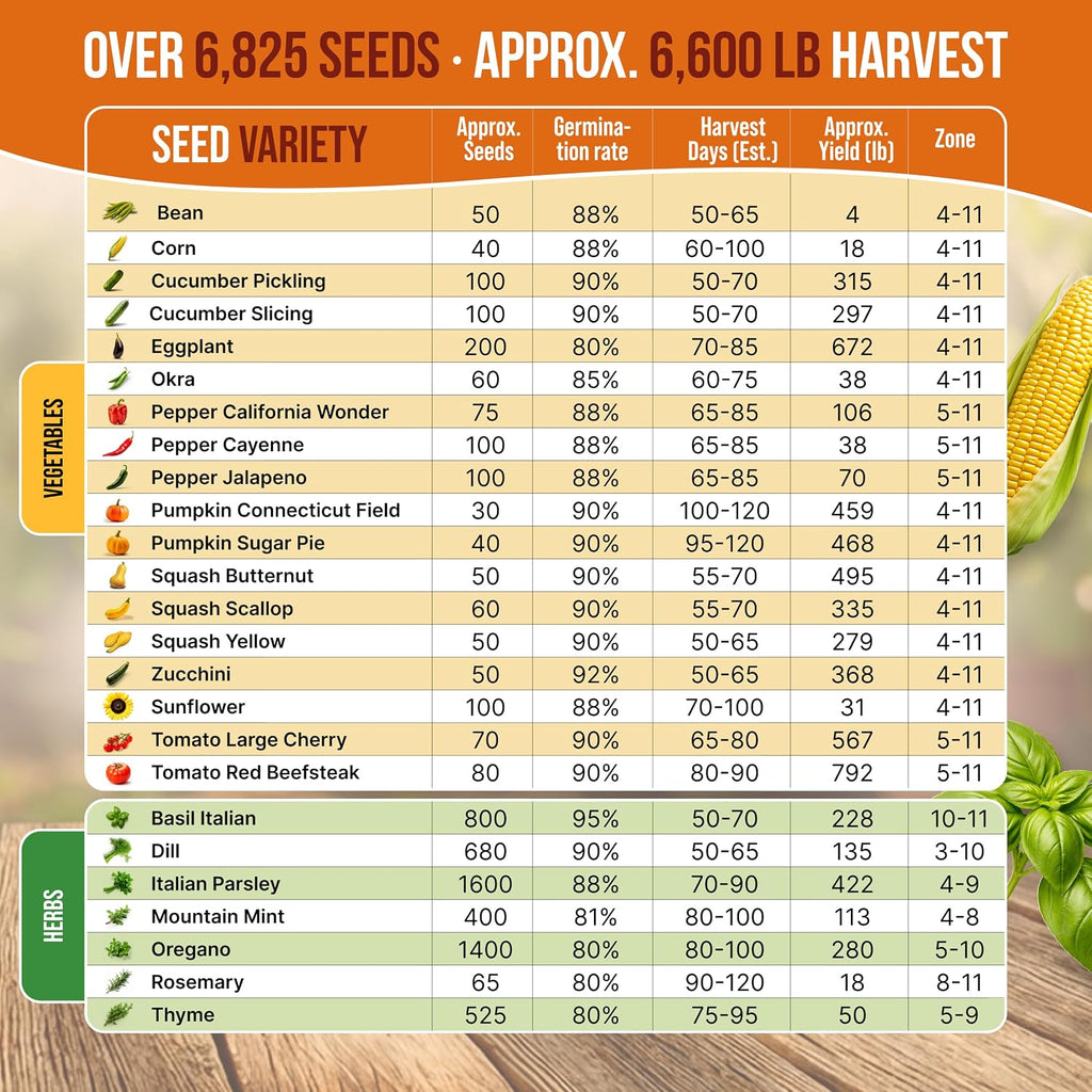 25 Summer Vegetable & Herb Garden Seeds Variety Pack - 6,820+ Non-GMO Heirloom Veggie & Herb Seeds for Outdoors &