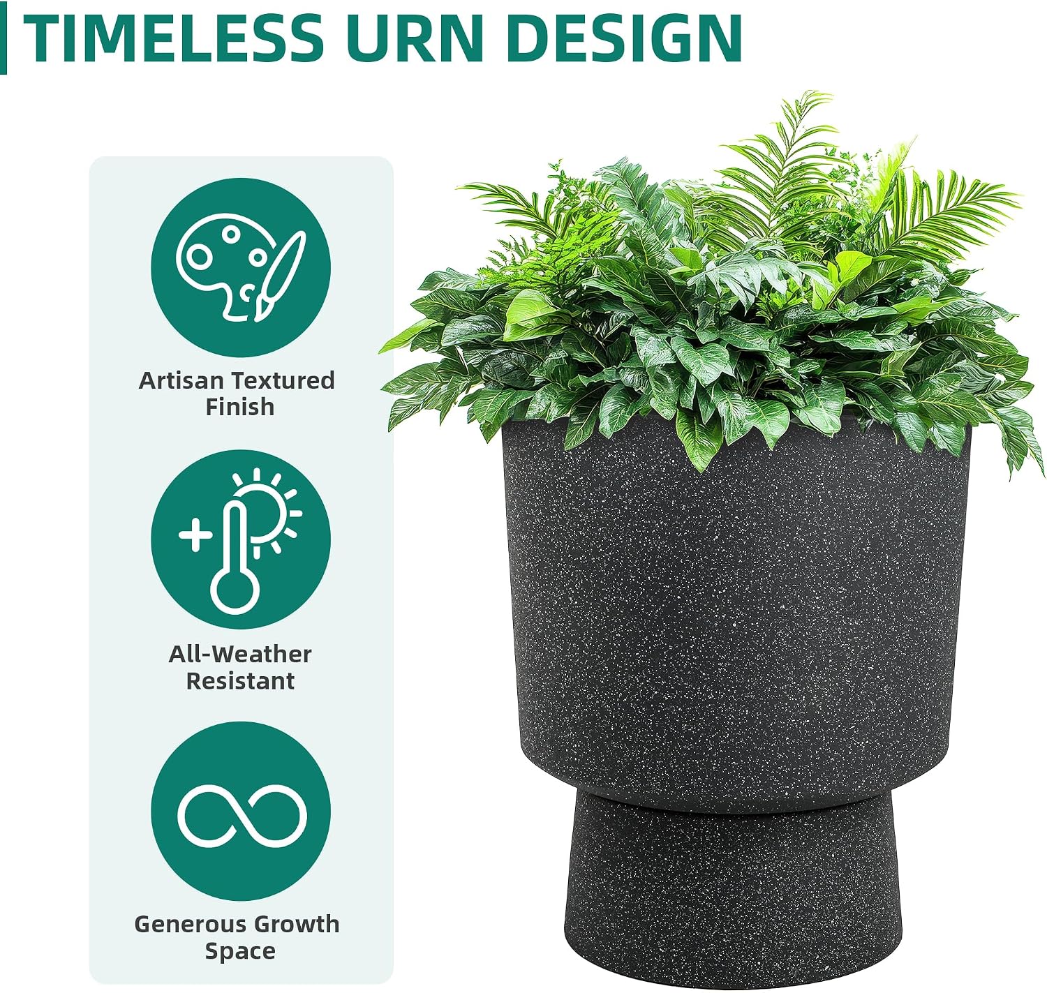 16.8" Pedestal Planters for Outdoor Plants, Large Urn Flower pots S/2 | Durable Plastic Large Outdoor Planters with