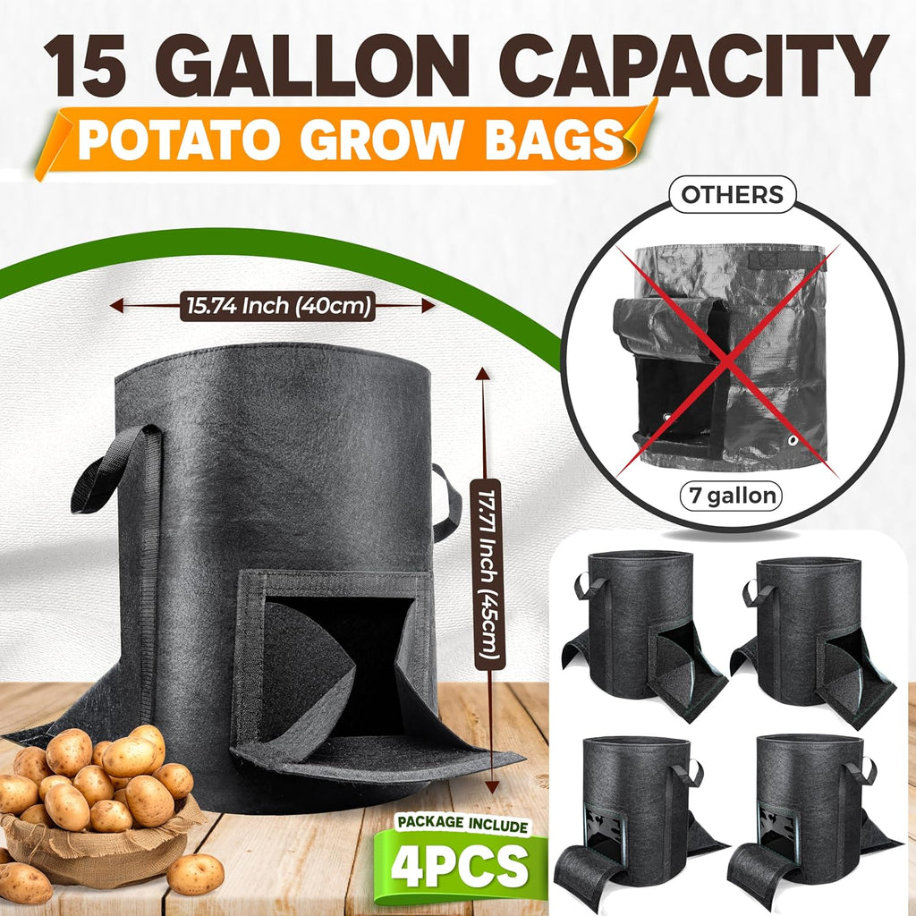 4PCS 15-Gallon Potato Grow Bag-Harvest & Visible Window Garden Planting Bag | Black Plant Grow Bag with Reinforced