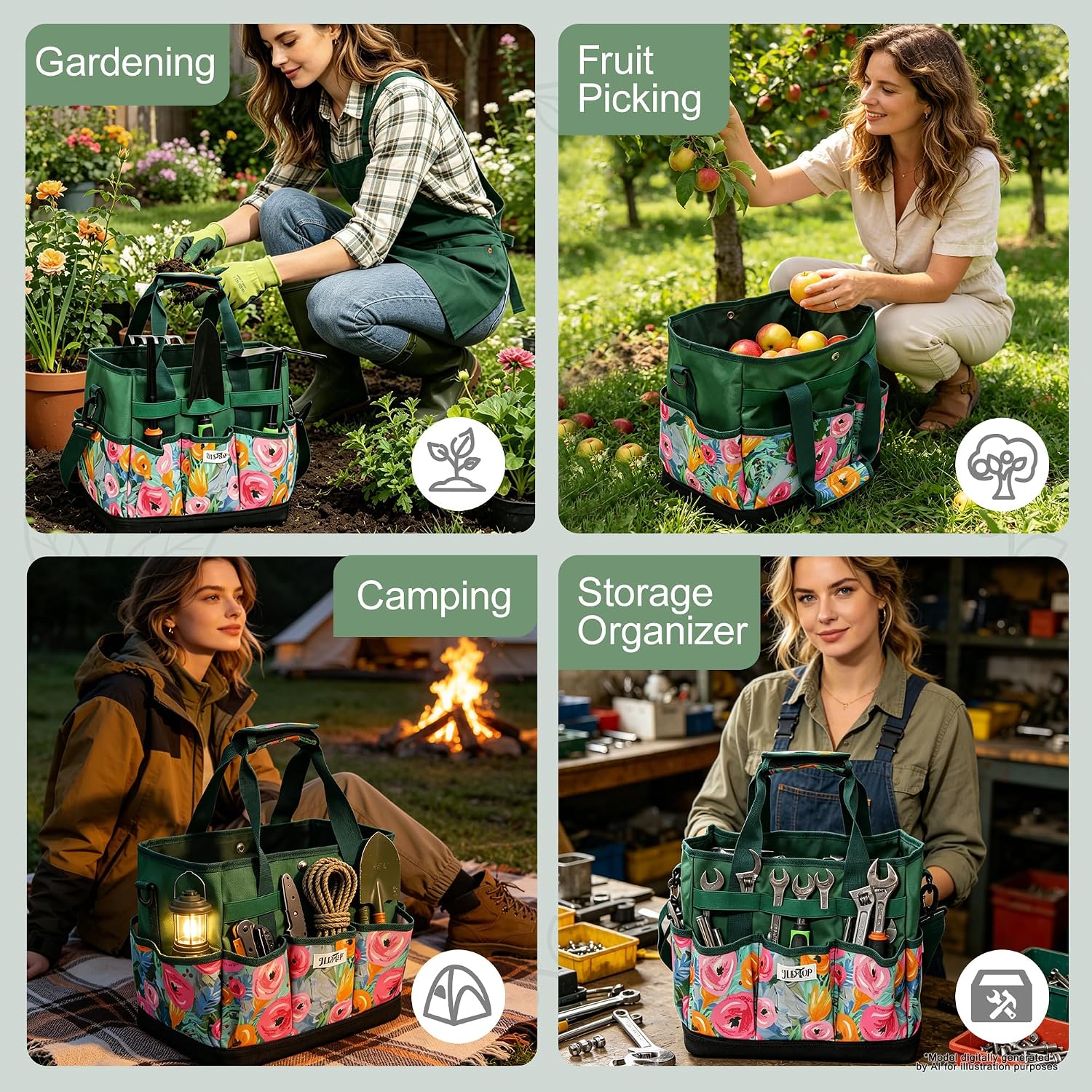 Hard Bottom Floral Garden Tool Tote Bag with Shoulder Strap | Gardening Tote Organizer with 8 pockets, Padded Handles