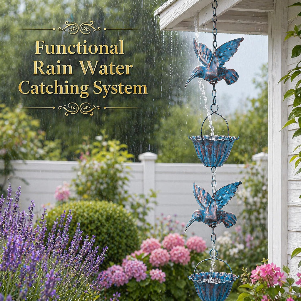 7.8 FT Rain Chain,Rain Chains for Gutters & Outside | 8 Hummingbird & 7 Metal Lotus Cup Rain Catcher,Decorative &