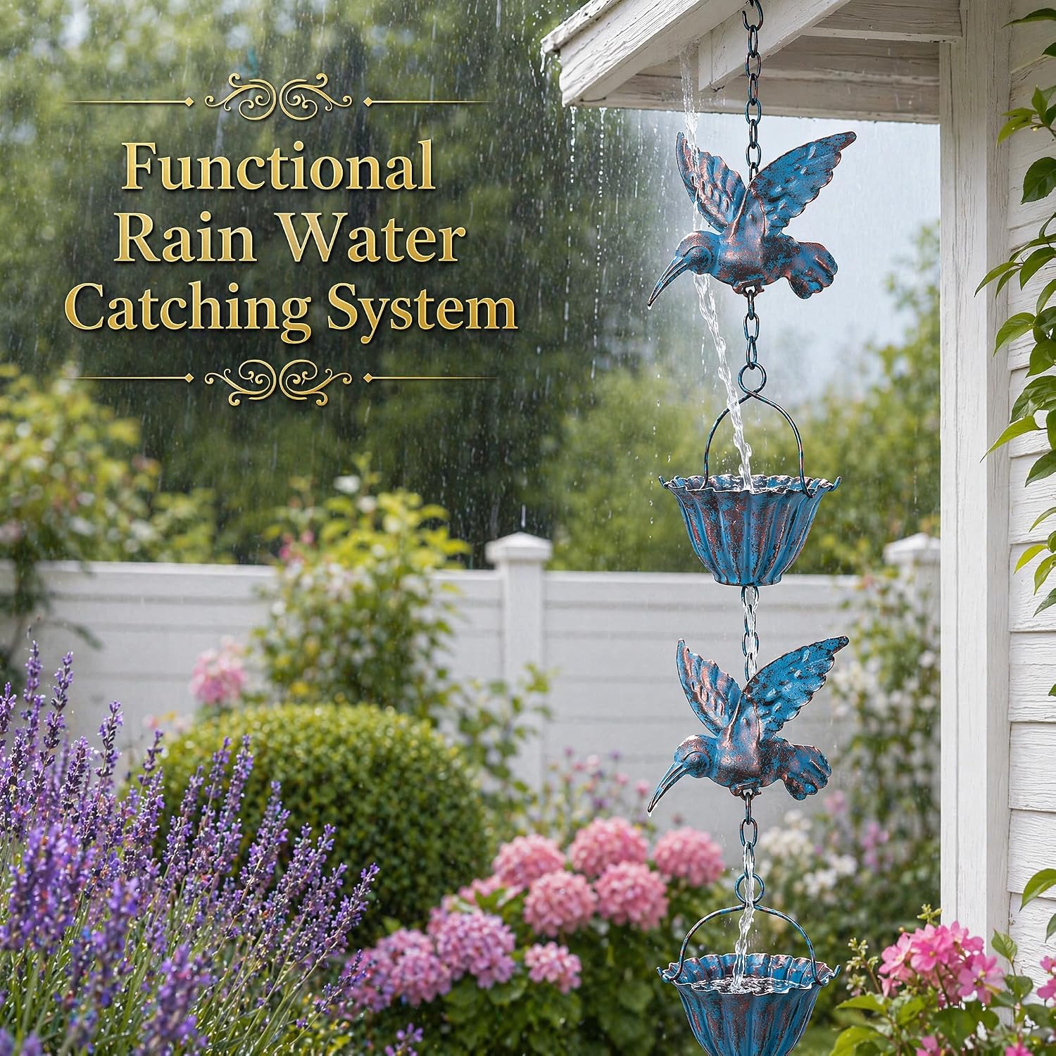 7.8 FT Rain Chain,Rain Chains for Gutters & Outside | 8 Hummingbird & 7 Metal Lotus Cup Rain Catcher,Decorative &
